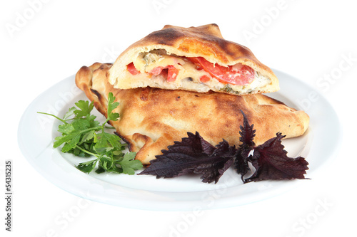 Pizza calzone on table isolated on white