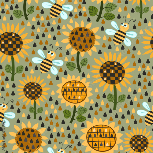 Fototapeta Naklejka Na Ścianę i Meble -  Seamless pattern with sunflowers and bees