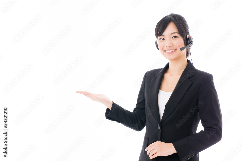 young asian businesswoman with headset showing young asian businesswoman with headset showing