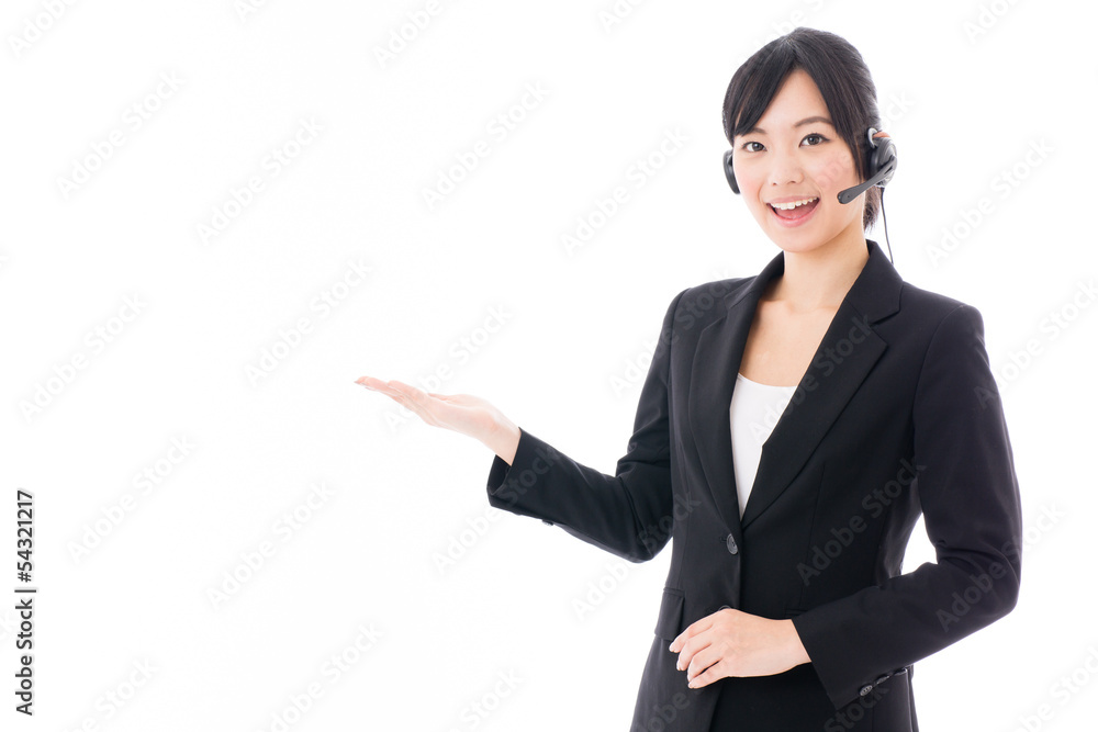 young asian businesswoman with headset showing young asian businesswoman with headset showing