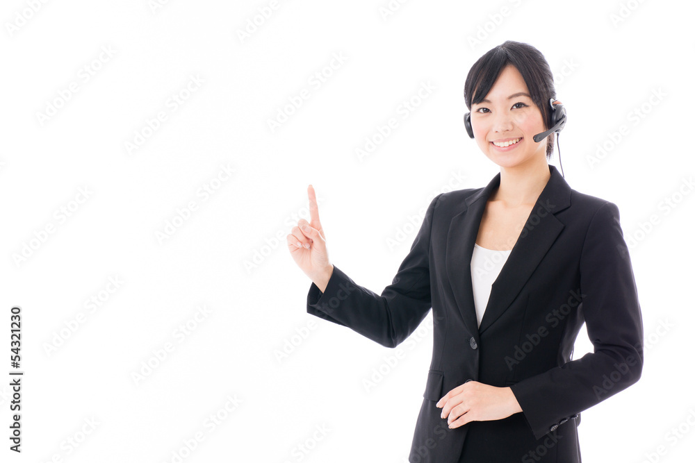 young asian businesswoman with headset showing young asian businesswoman with headset showing