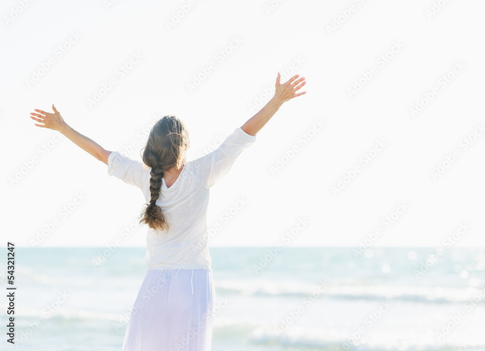 Happy young woman rejoicing at seaside . rear view Happy young woman rejoicing at seaside . rear view