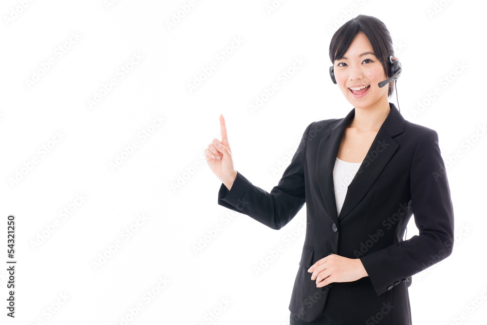 young asian businesswoman with headset showing young asian businesswoman with headset showing