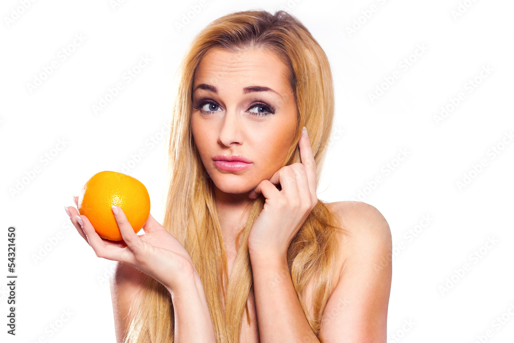 Healthy Lifestyle Woman holds orange. She is full of emotion. Healthy Lifestyle Woman holds orange. She is full of emotion.