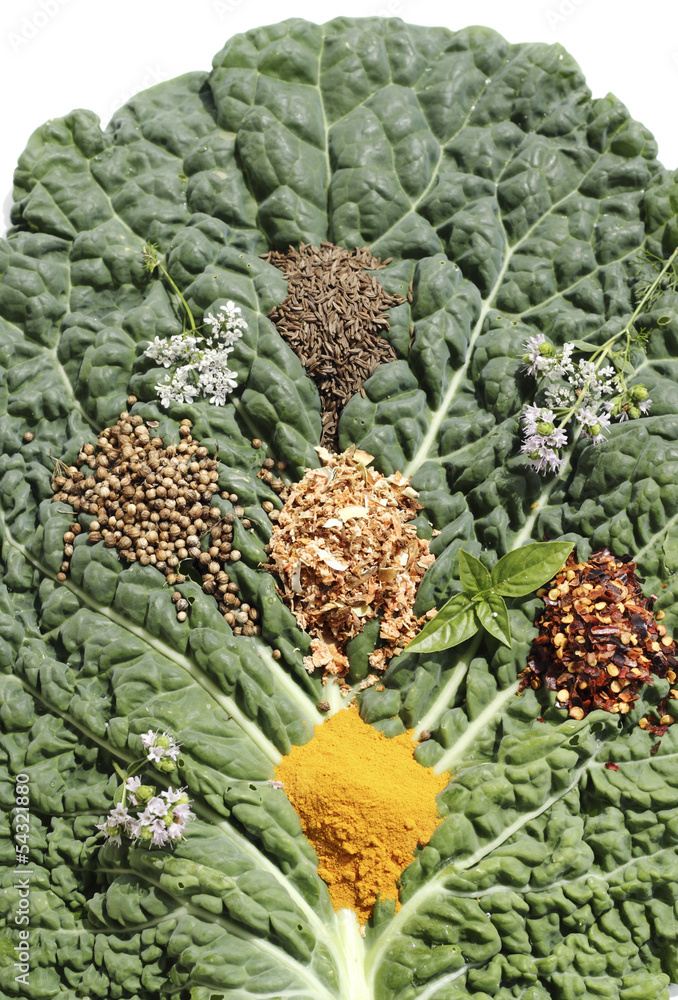 Spice mixture on the cabbage sheet Spice mixture on the cabbage sheet