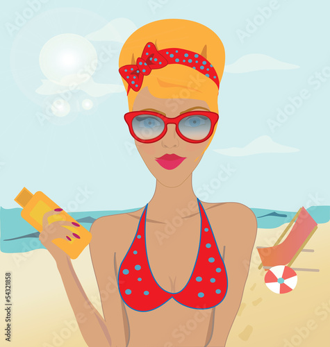 Blond Girl in a Swimsuit Holding Sun Oil on the Beach