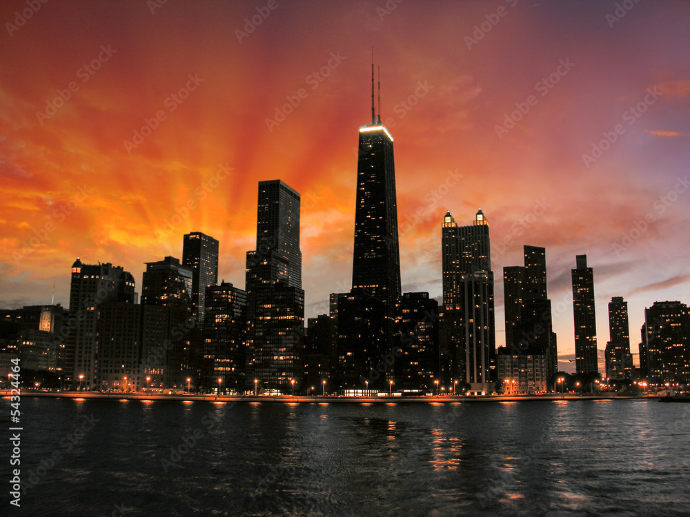 Obraz premium Wspaniałe wieżowce Chicago sylwetka o zachodzie słońca