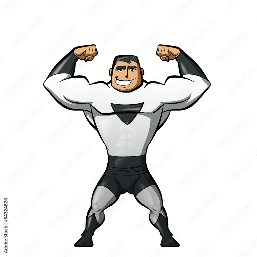 Super strong hero in black and white suit in a power gesture Stock ...
