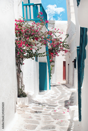 Traditional greek alley on Mykonos island, Greece © zoipap