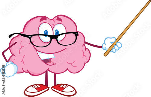 Smiling Brain Teacher Cartoon Character Holding A Pointer