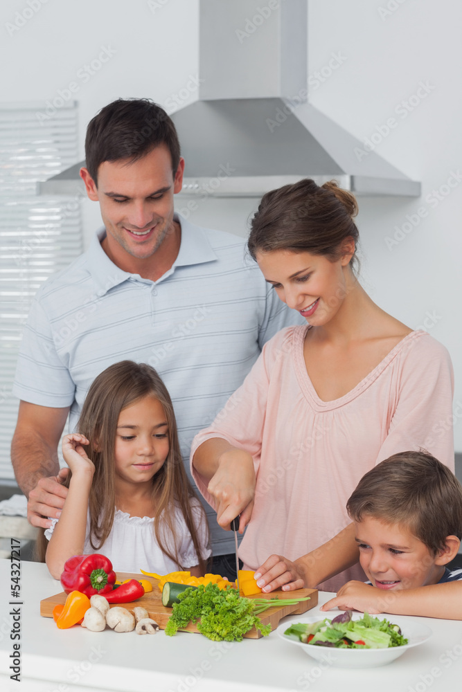 Woman cutting vegetables next to her children Woman cutting vegetables next to her children