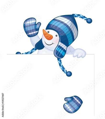 Vector of fun snowman hiding by blank isolated.