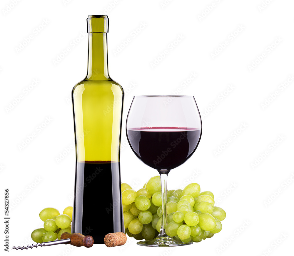grapes  with corkscrew and wine