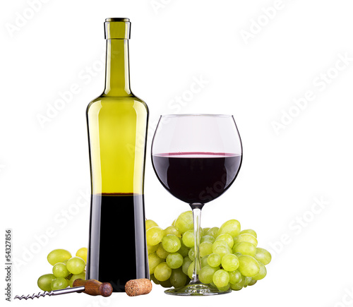 grapes with corkscrew and wine