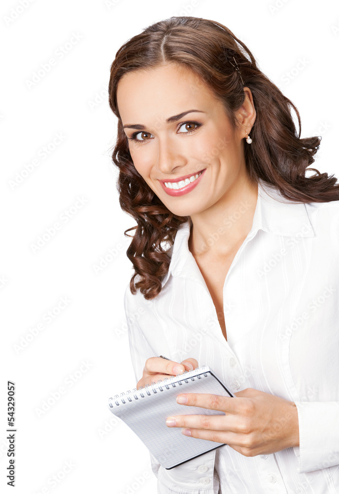 Businesswoman with notepad writing, isolated Businesswoman with notepad writing, isolated