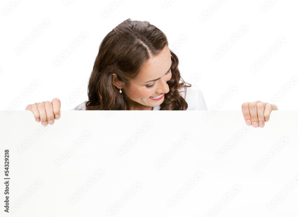 Businesswoman showing blank signboard, on white Businesswoman showing blank signboard, on white