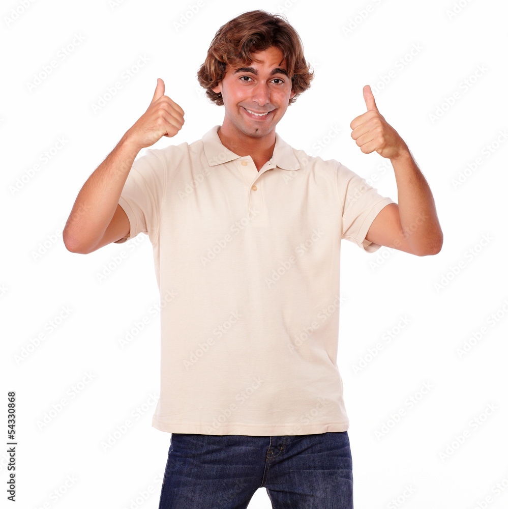 Smiling man showing positive sign with fingers Smiling man showing positive sign with fingers