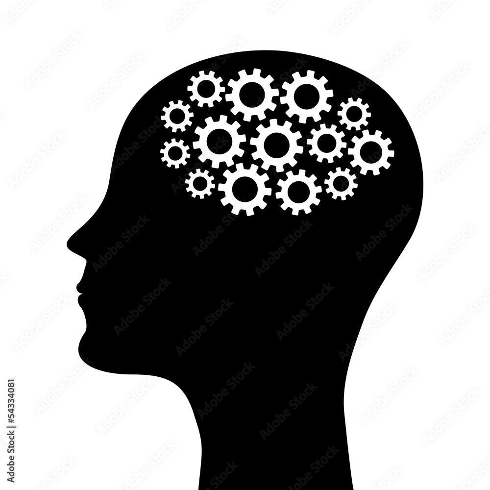 silhouette of a man's head with a picture of the mechanism silhouette of a man's head with a picture of the mechanism