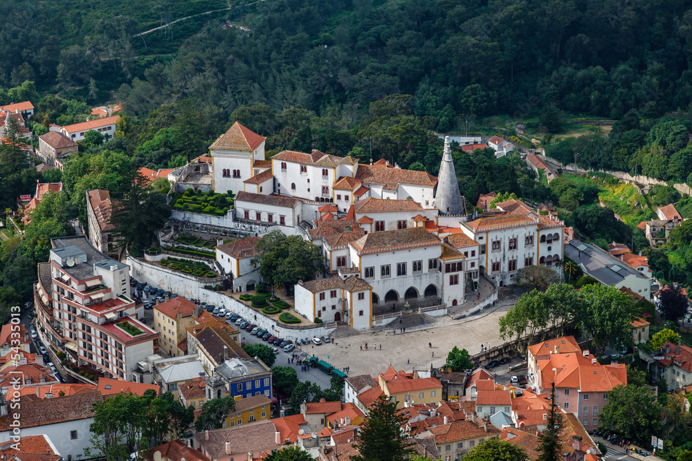 Aerial View on Sintra National Palace from Murish Castle near Li