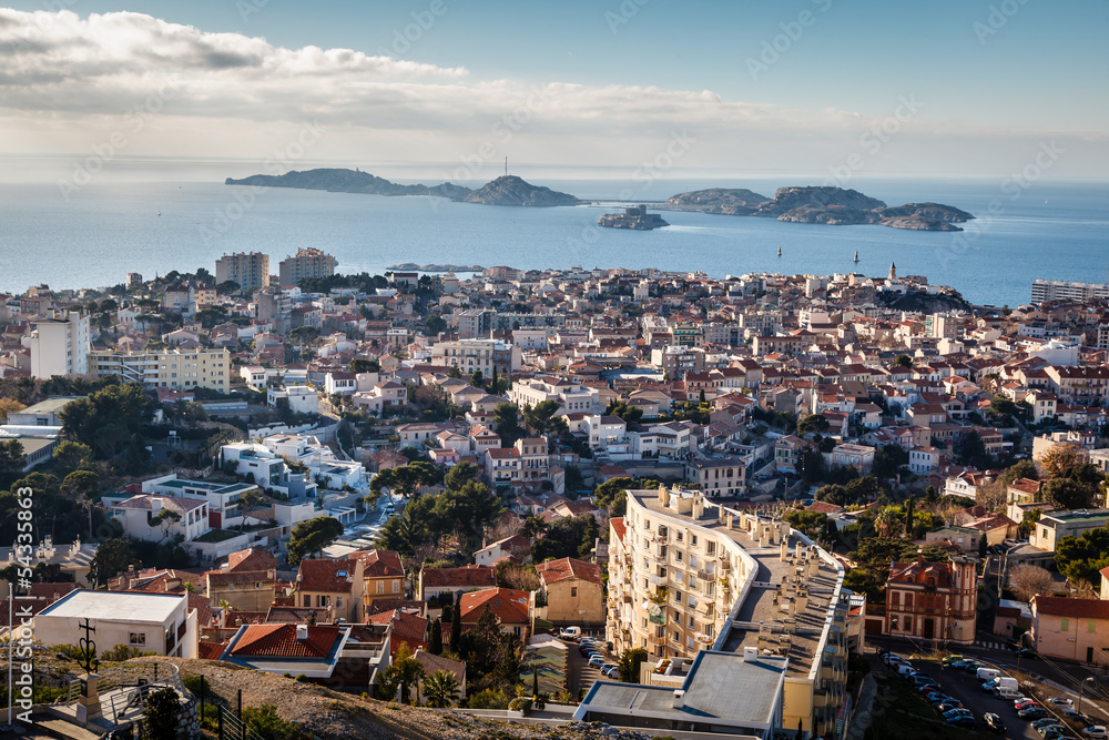 Fototapeta premium Aerial View of Marseille City and Islands in Background, France