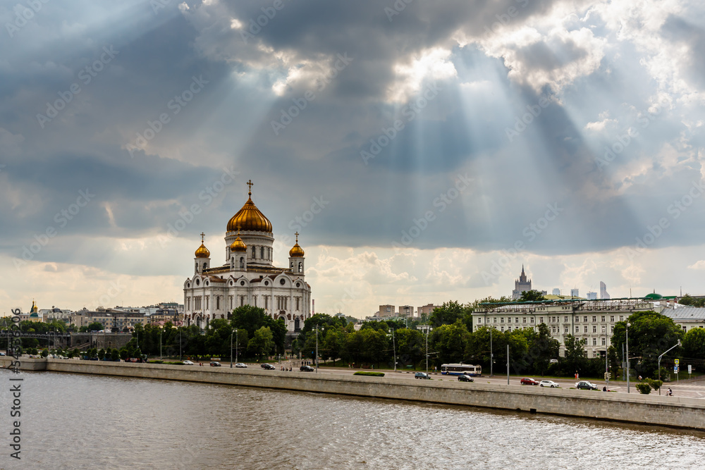 Sun Shining over Cathedral of Christ the Saviour in Moscow, Russ