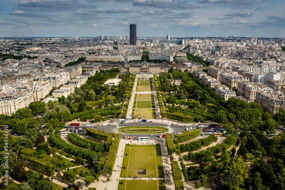 Aerial View on Champ de Mars from the Eiffel Tower, Paris, Franc