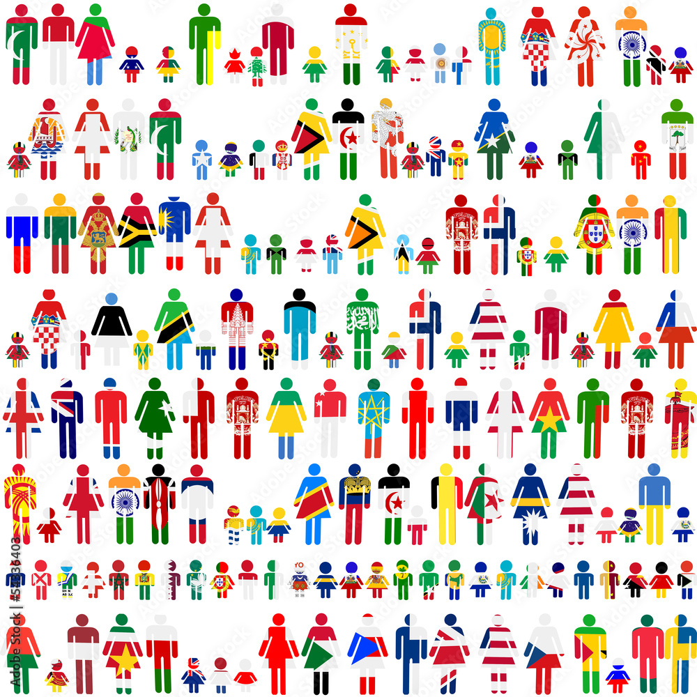 Background with people and children patternes in flags of World