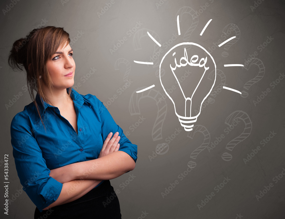Young girl comming up with a light bubl idea sign Young girl comming up with a light bubl idea sign