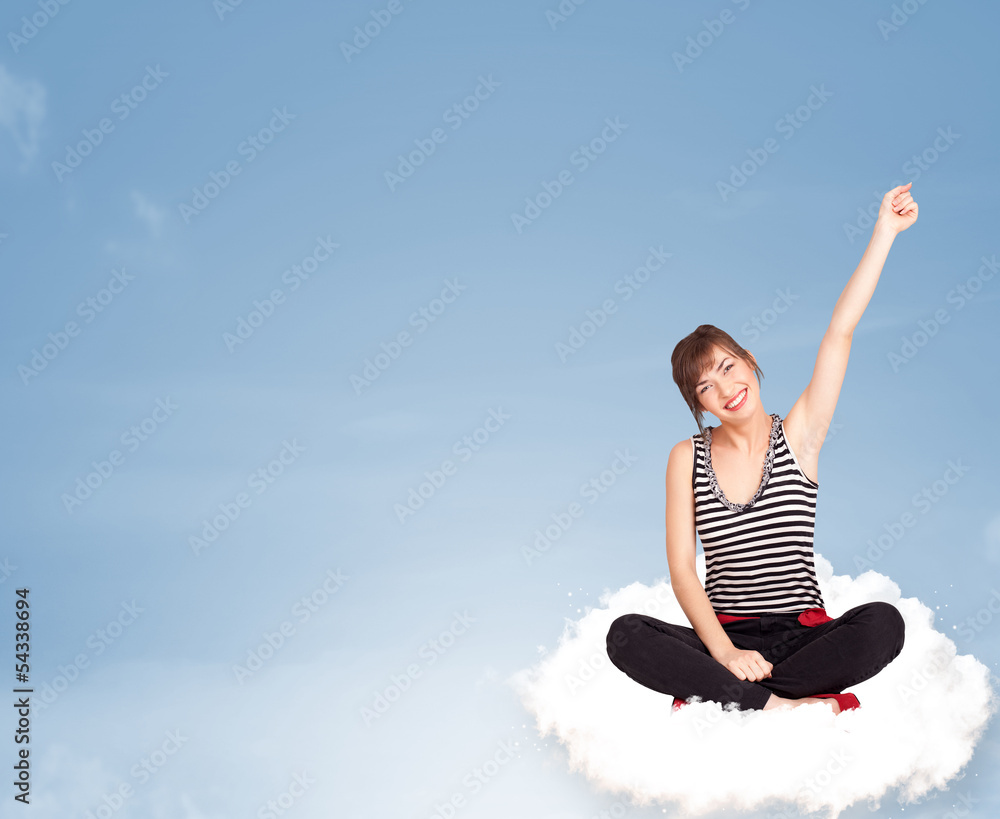 Young woman sitting on cloud with copy space Young woman sitting on cloud with copy space