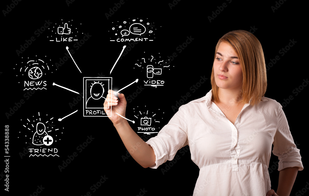 Woman drawing social network icons on whiteboard Woman drawing social network icons on whiteboard