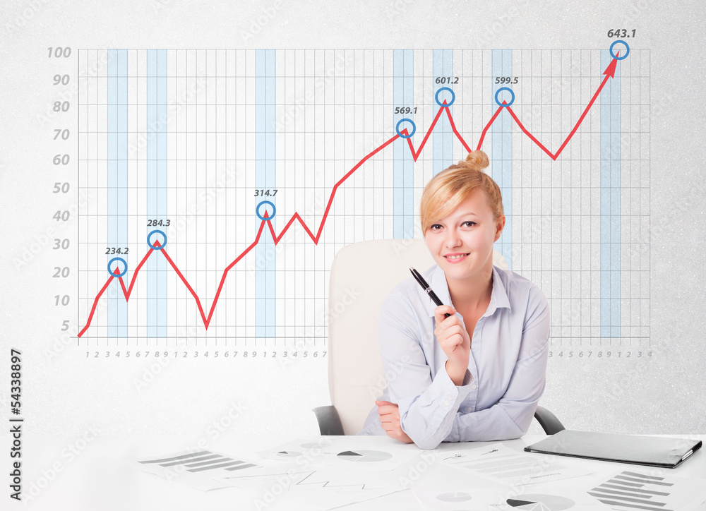 Young businesswoman calculating stock market with rising graph i Young businesswoman calculating stock market with rising graph i