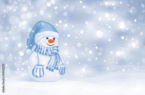 Vector of happy snowman on snowfall background.