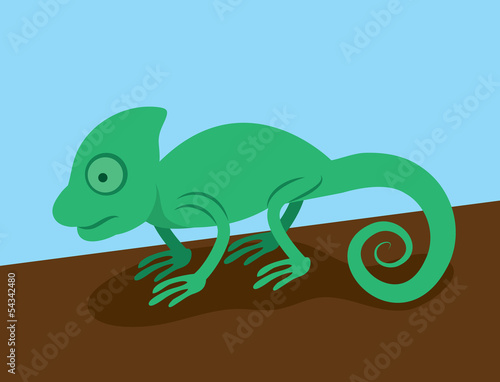 Green chameleon standing on a branch or log
