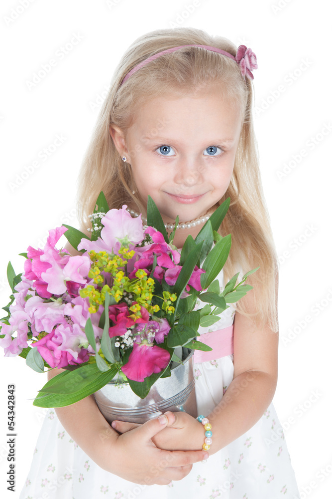 Little girl with colorful flowers over white Little girl with colorful flowers over white