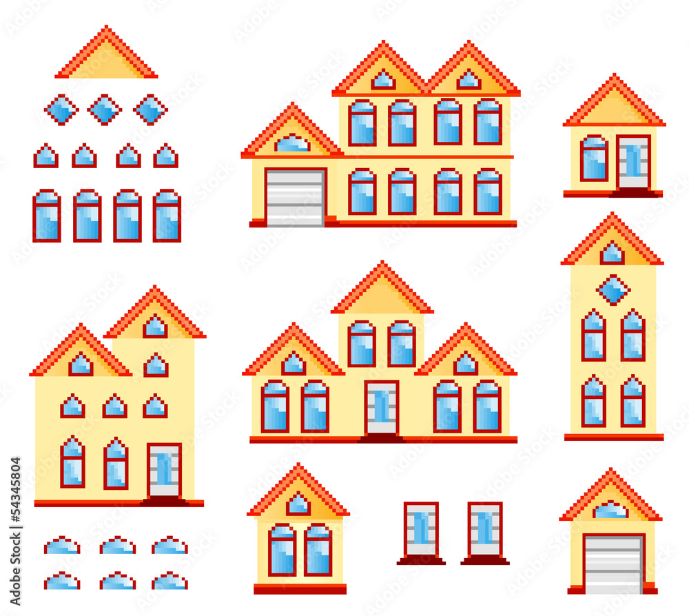 A set of vector art houses in pixel art