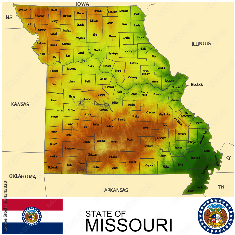 Obraz premium Missouri USA counties name location map background