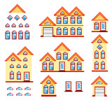 A set of vector art houses in pixel art