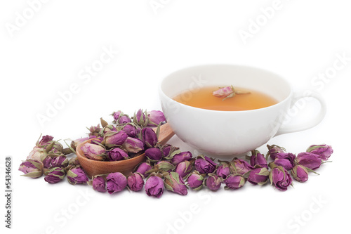 A cup of rose tea on white background