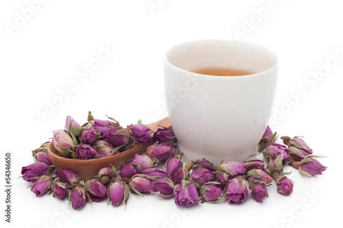 A cup of rose tea on white background