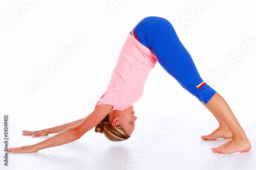 woman doing fitness exercise, white background, copyspace