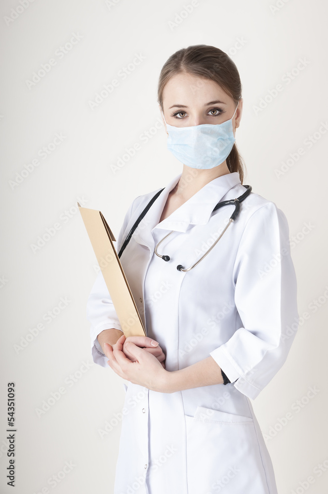 Nurse with a stethoscope and folder.