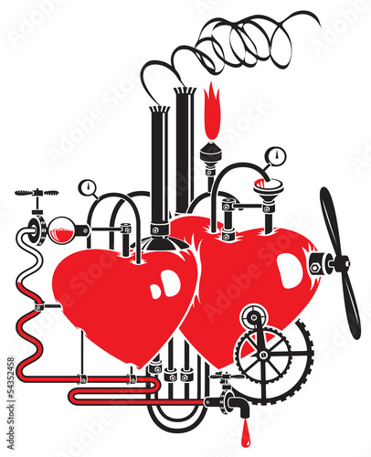 Two hearts connected by different mechanisms and pipes