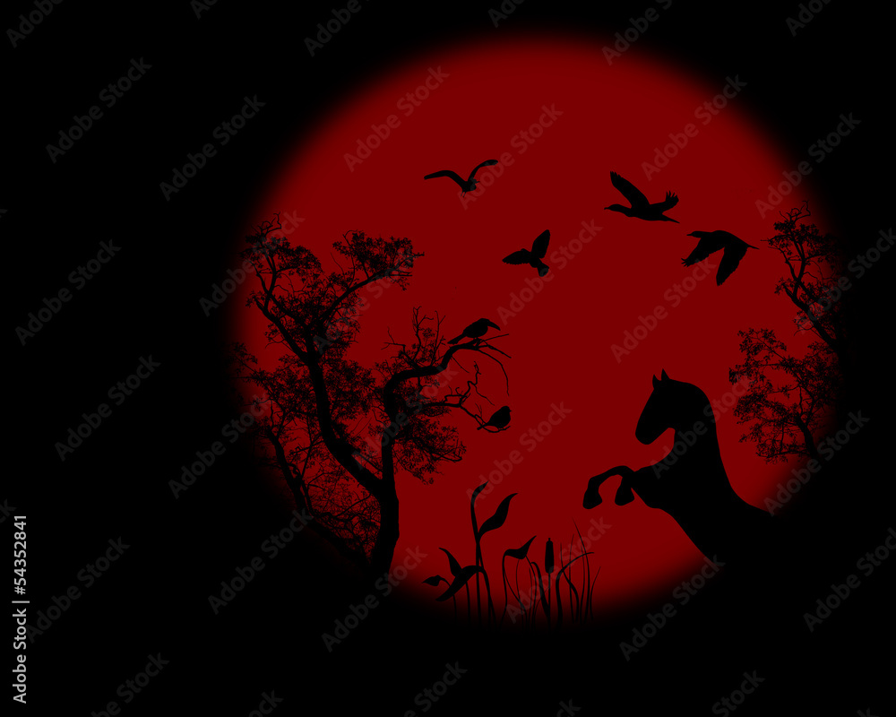 Night raven on a tree with red full moon