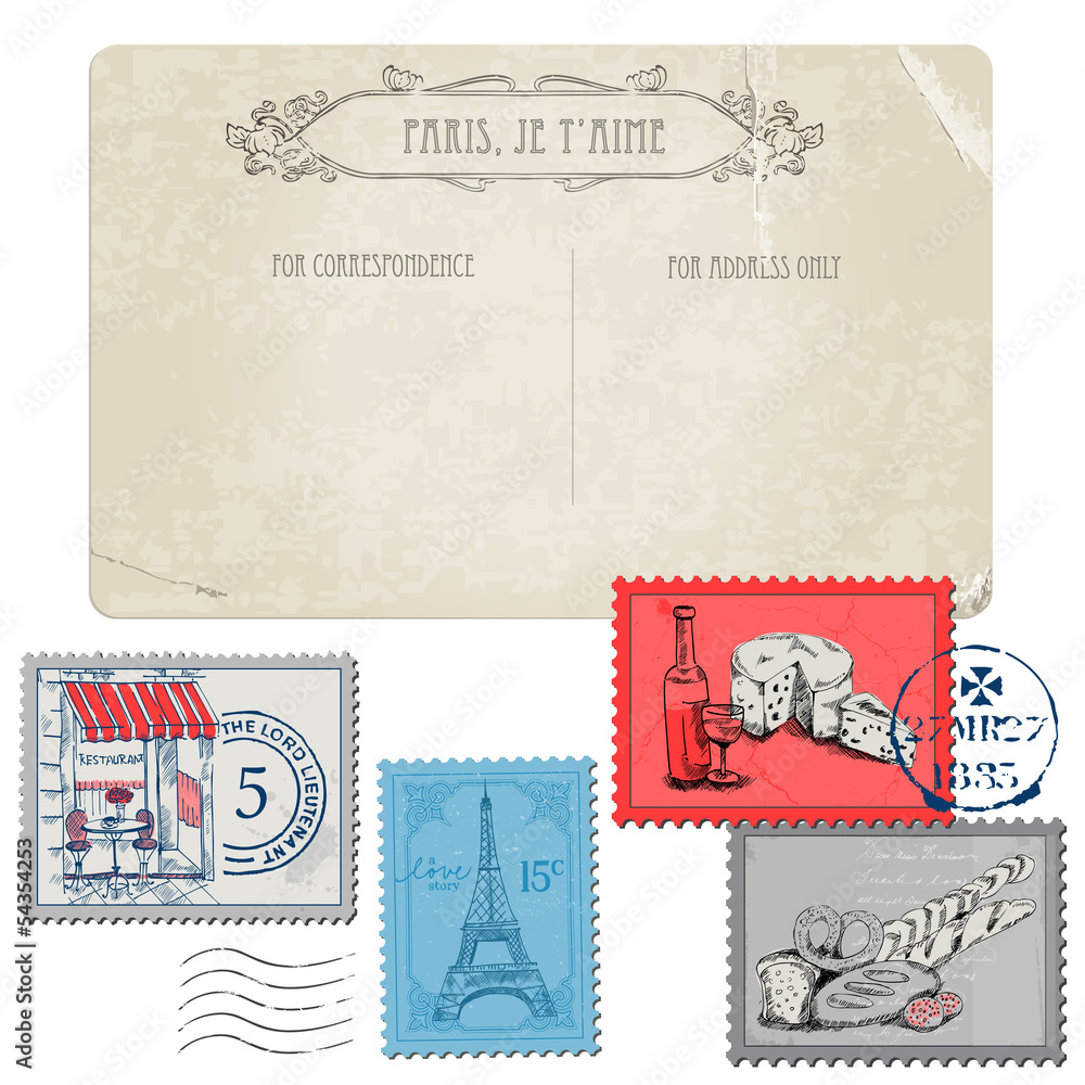 Vintage Postcard with Set of Stamps - Vintage Paris and France