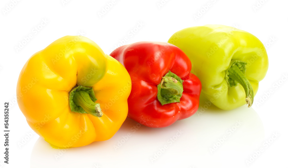 fresh yellow, red and green bell peppers isolated on white fresh yellow, red and green bell peppers isolated on white