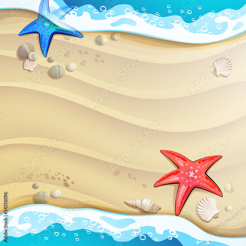 Summer beach with starfish and sea shells