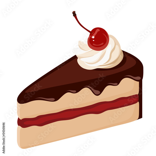 Piece of chocolate cake with cream and cherry. Vector.