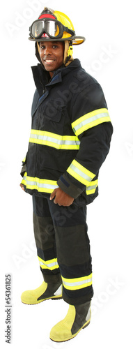 Attractive black middle aged man in fire fighter's uniform with