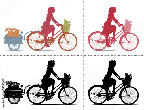 Silhouette de femme qui fait ses courses à vélo