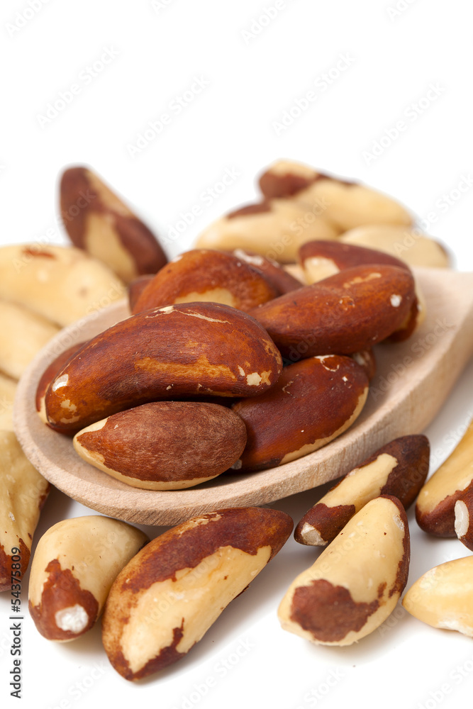 brazil nuts in a wooden spoon isolated on white background brazil nuts in a wooden spoon isolated on white background